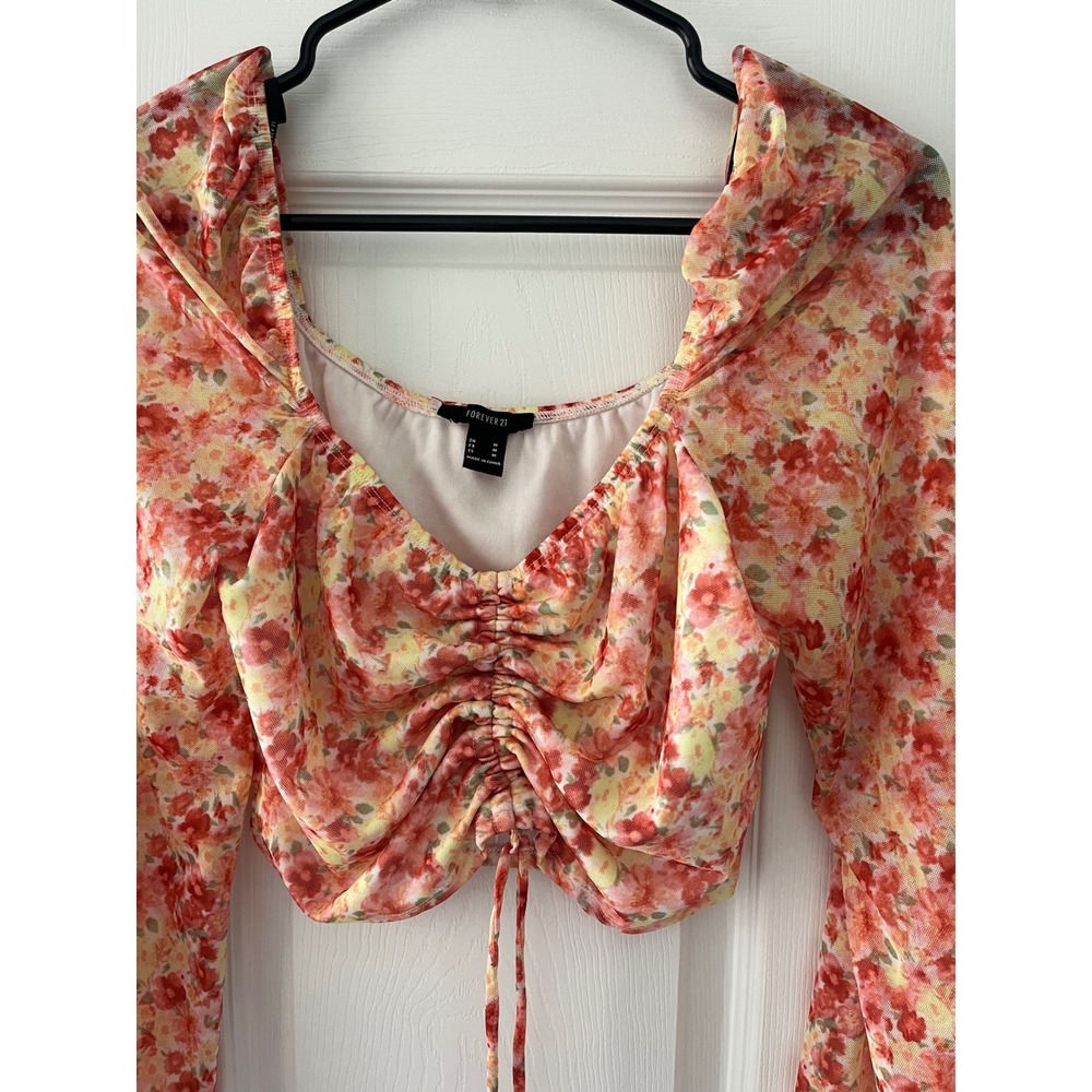 Forever 21 Floral Print Ruched Cropped Long Sleeve Top Square Neck Festival - Picture 2 of 8